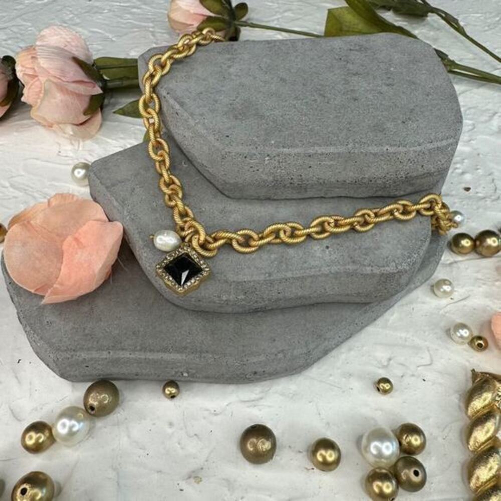 Matte Gold-Tone Necklace with Black Gemstone & Rhinestone Dangle Charm